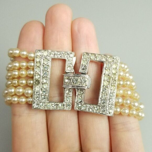 Vintage Six Strand Faux Pearl and Rhinestone Clasp Bracelet, Retro Fancy Formal - Picture 9 of 10